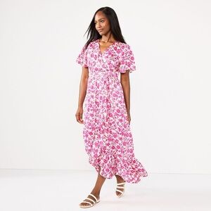 new DRAPER JAMES RSVP™ Flutter Sleeve Wrap Maxi Dress size Small Pink floral